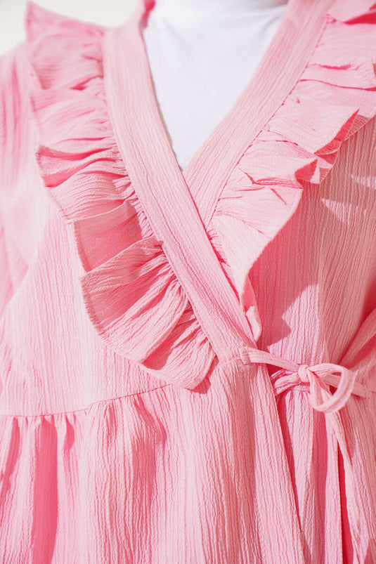 Yaka Fırfırlı Yan İp Bağlamalı Kimono Pembe