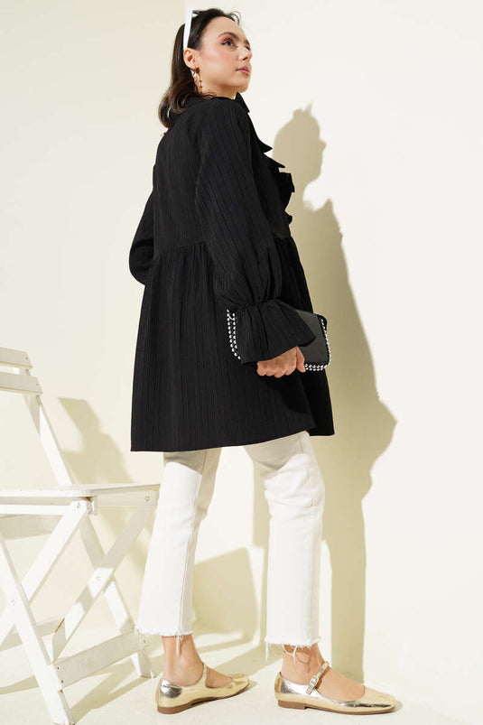 Yaka Fırfırlı Yan İp Bağlamalı Kimono Siyah