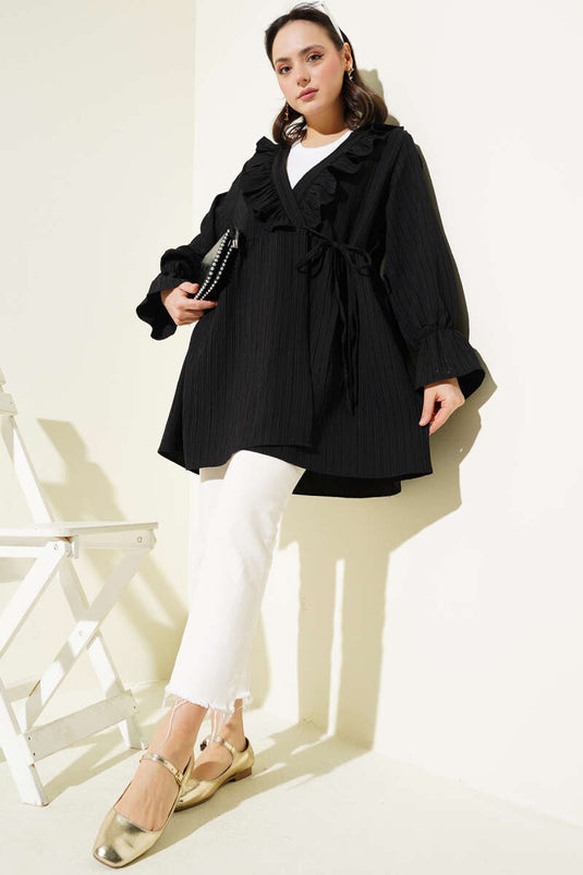 Yaka Fırfırlı Yan İp Bağlamalı Kimono Siyah