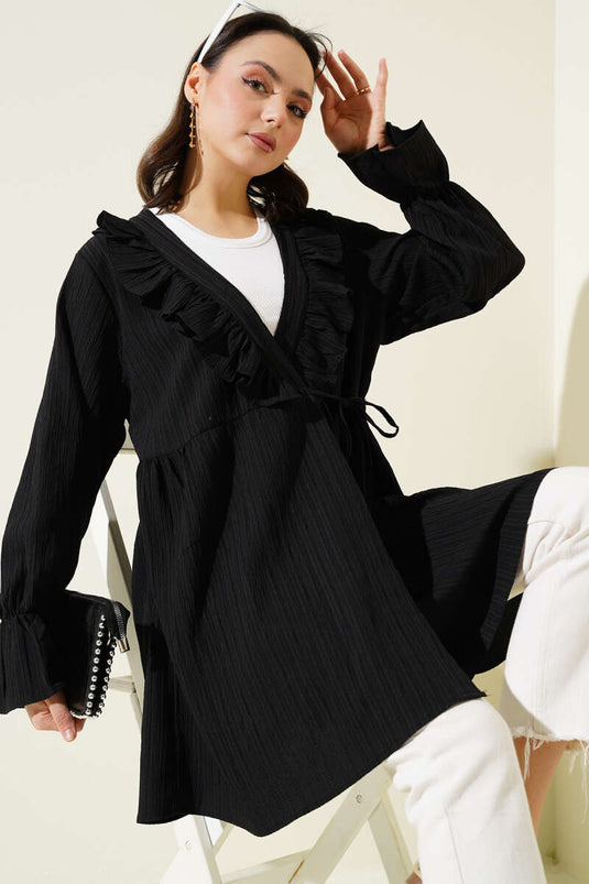 Yaka Fırfırlı Yan İp Bağlamalı Kimono Siyah