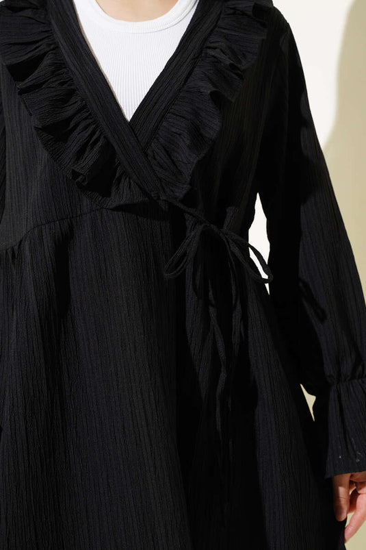 Yaka Fırfırlı Yan İp Bağlamalı Kimono Siyah
