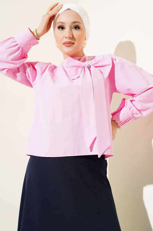 Yaka Fiyonk Aksesuarlı Bluz Pembe
