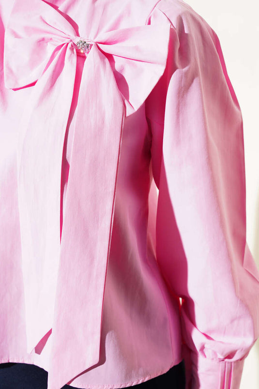 Yaka Fiyonk Aksesuarlı Bluz Pembe