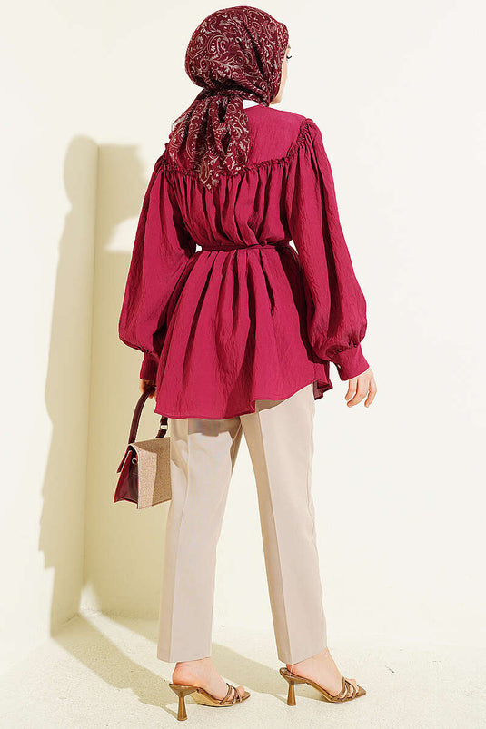 Collared Bow Detail Tunic Burgundy