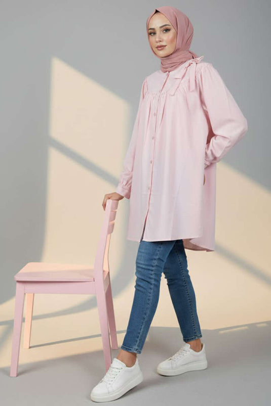 Loose Shirt with Collar Bow Pink
