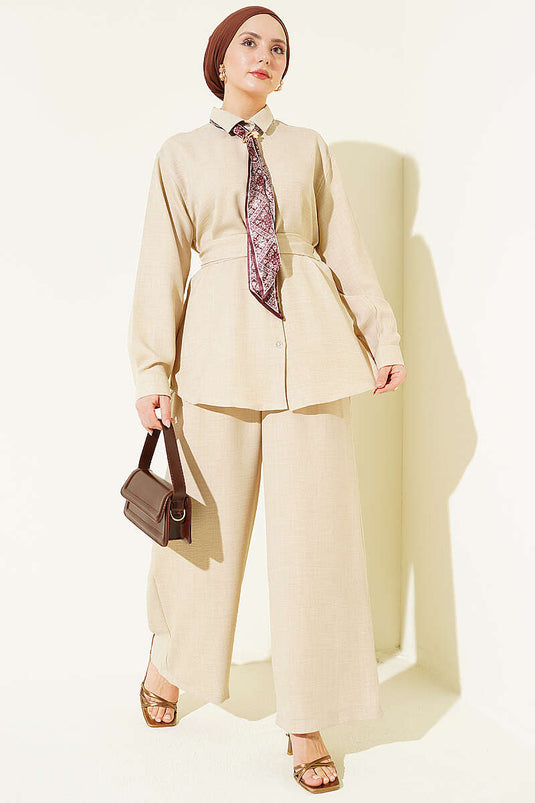 Loose Two-Piece Set with Collar Scarf and Belt Beige