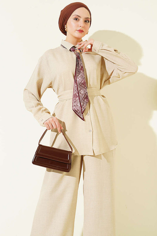 Loose Two-Piece Set with Collar Scarf and Belt Beige