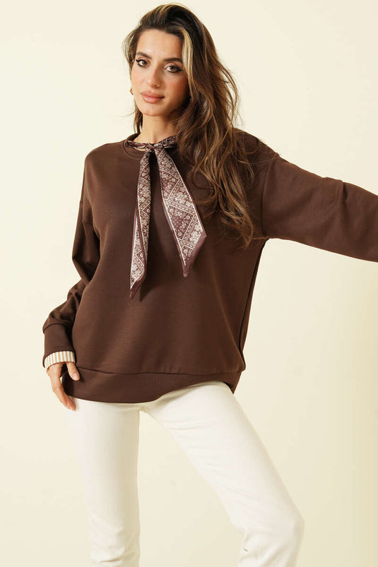 Yaka Fularlı Loyşa Sweatshirt Kahve