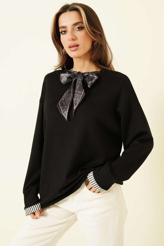 Yaka Fularlı Loyşa Sweatshirt Siyah