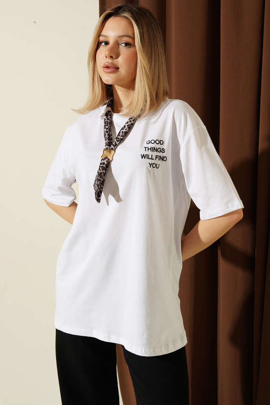 White T-shirt with Embroidered Neck Scarf