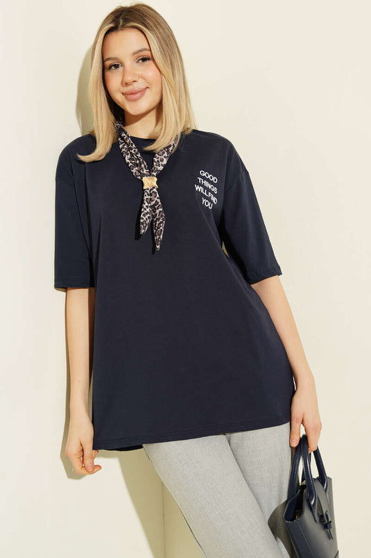 Embroidered T-shirt with Neck Scarf Navy Blue