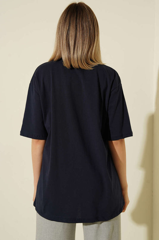 Embroidered T-shirt with Neck Scarf Navy Blue