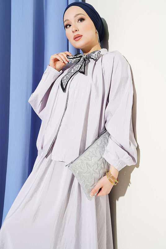 Two-Piece Set with Collared Scarf and Pleated Skirt, Gray