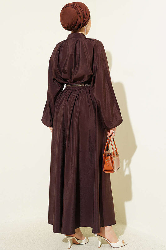 Two-Piece Set with Collared Scarf and Pleated Skirt, Brown