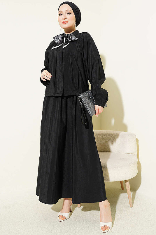 Two-Piece Set with Collared Scarf and Pleated Skirt, Black