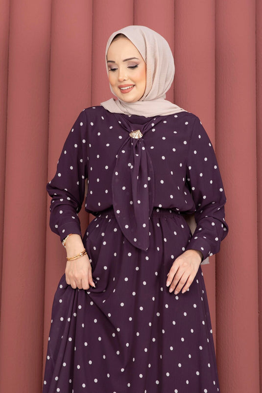 Ensemble jupe à pois avec foulard Yaka couleur mûre