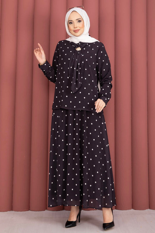 Ensemble jupe à pois avec foulard Yaka noir