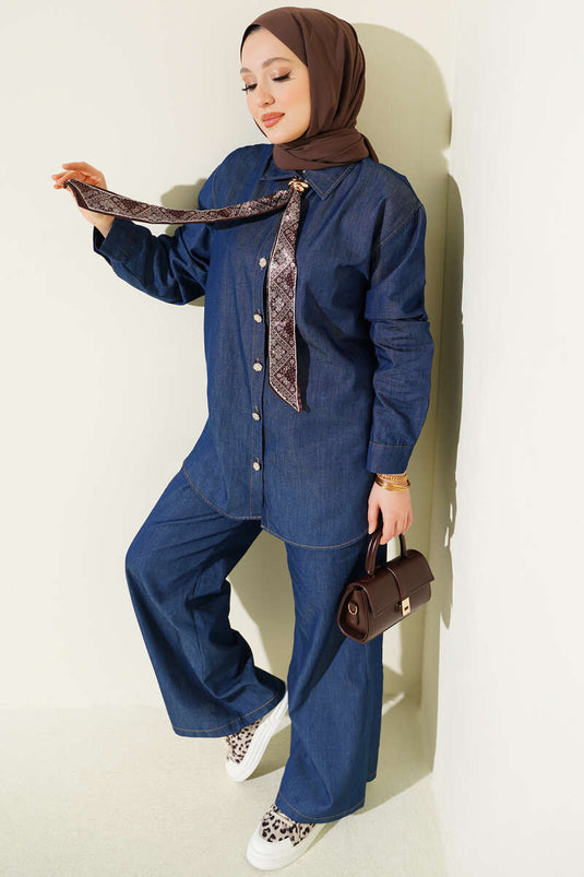 Denim Two-Piece Set with Collar Scarf and Stone Buttons, Navy Blue