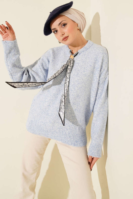 Yaka Fularlı Triko Kazak Bebe Mavi