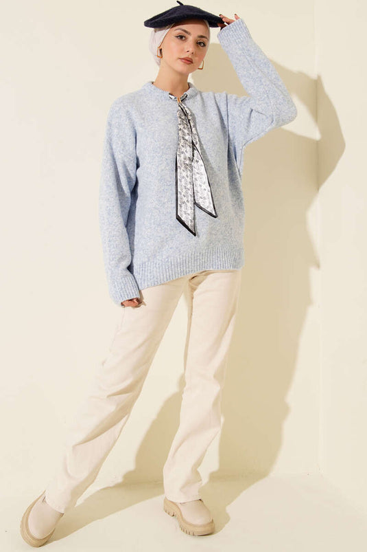 Yaka Fularlı Triko Kazak Bebe Mavi