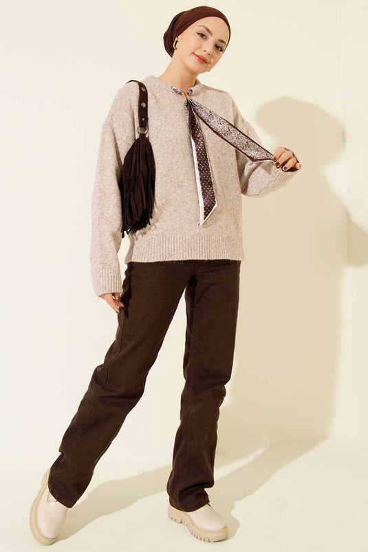 Yaka Fularlı Triko Kazak Bej