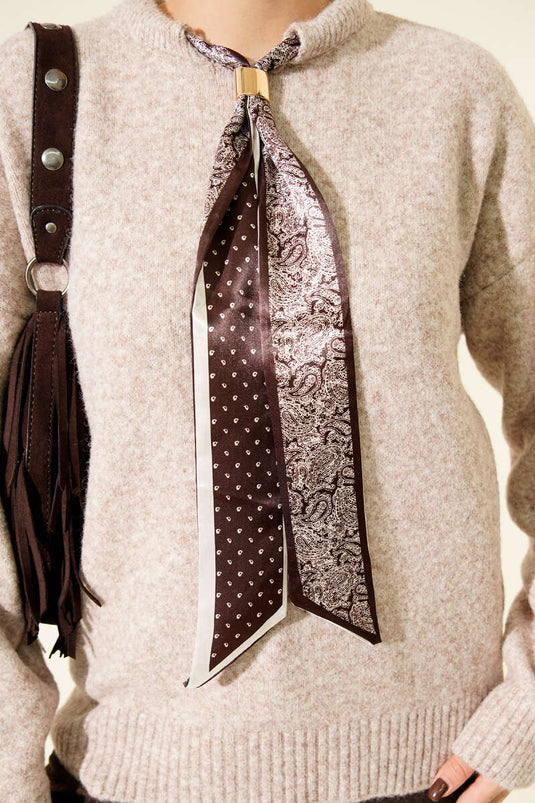 Yaka Fularlı Triko Kazak Bej