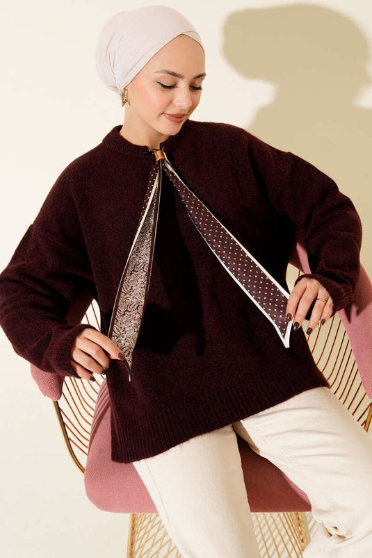 Yaka Fularlı Triko Kazak Bordo