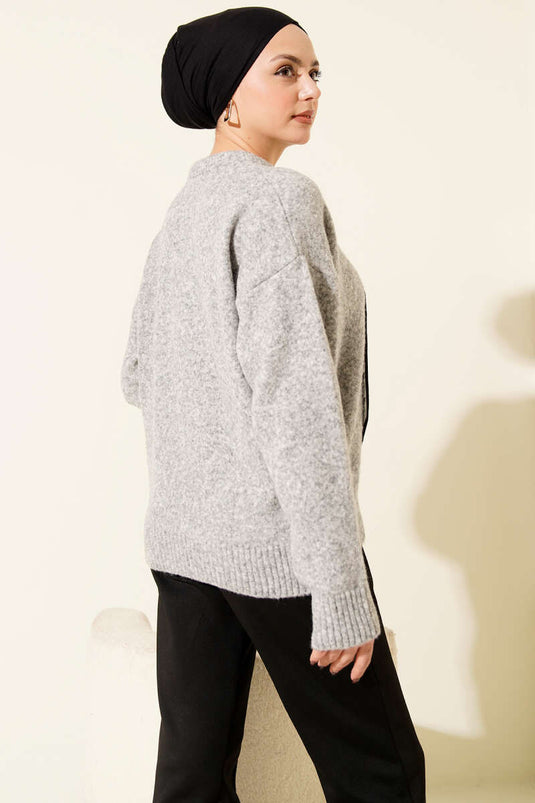 Yaka Fularlı Triko Kazak Gri