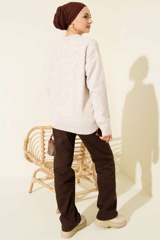 Yaka Fularlı Triko Kazak Taş