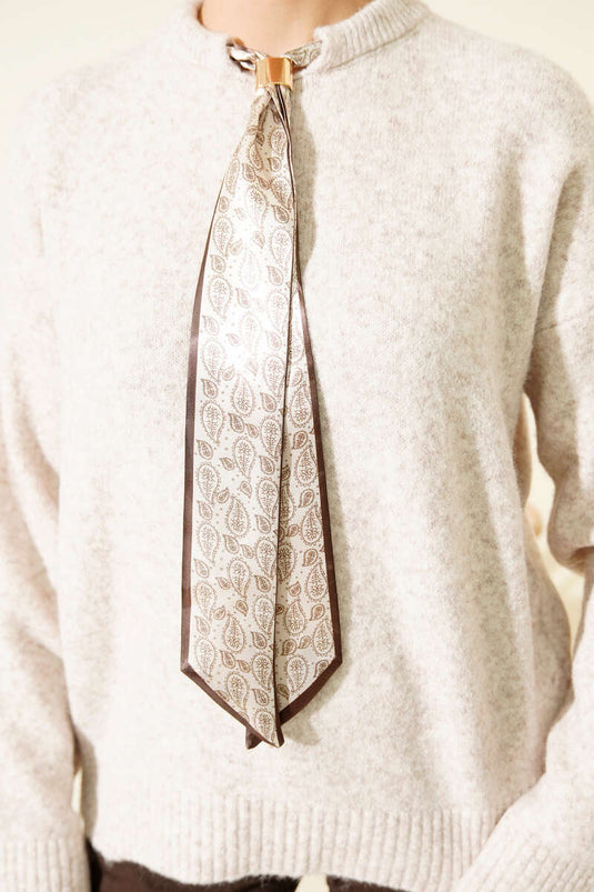 Yaka Fularlı Triko Kazak Taş