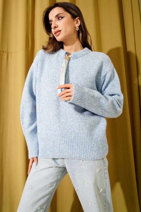 Soft Knit Sweater with Neck Scarf, Blue