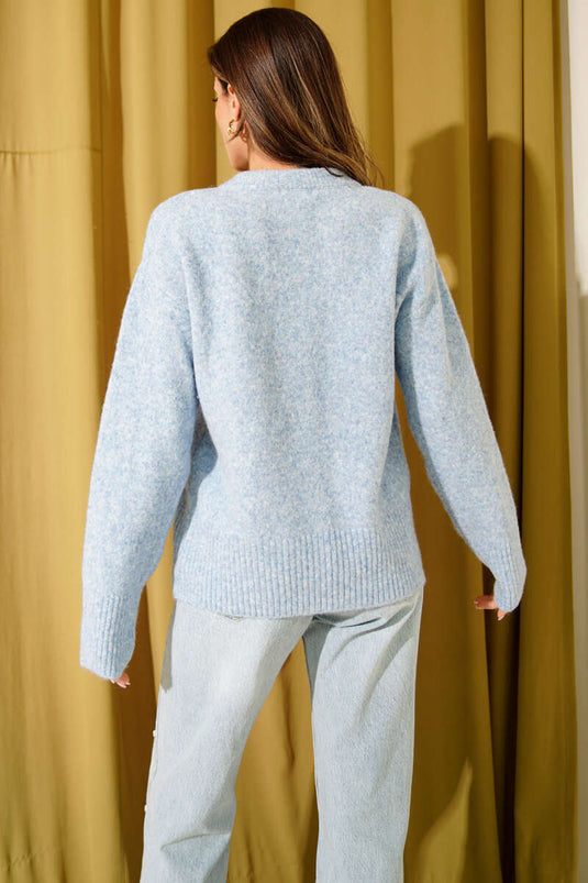 Soft Knit Sweater with Neck Scarf, Blue