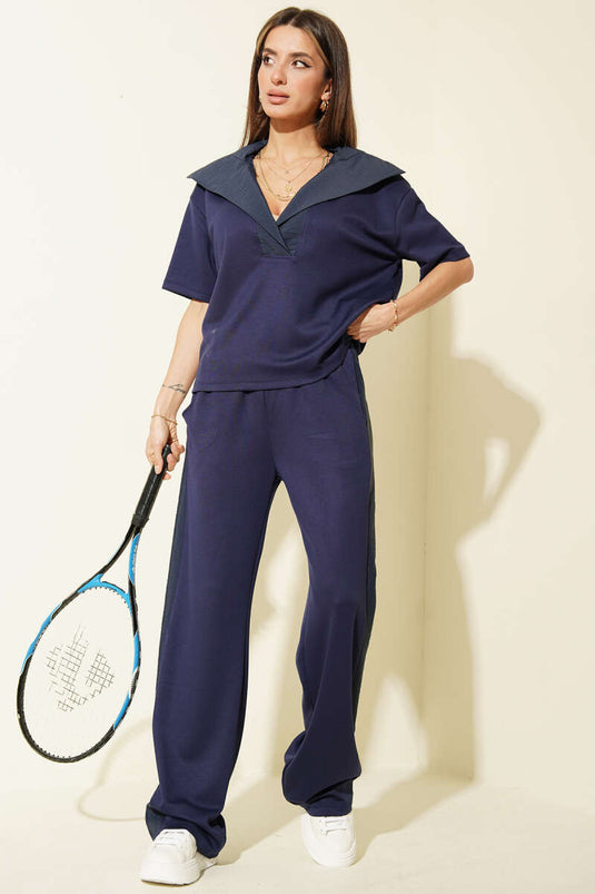 Short Sleeve Set with Collar Trim Loyşa Two-Piece Navy Blue