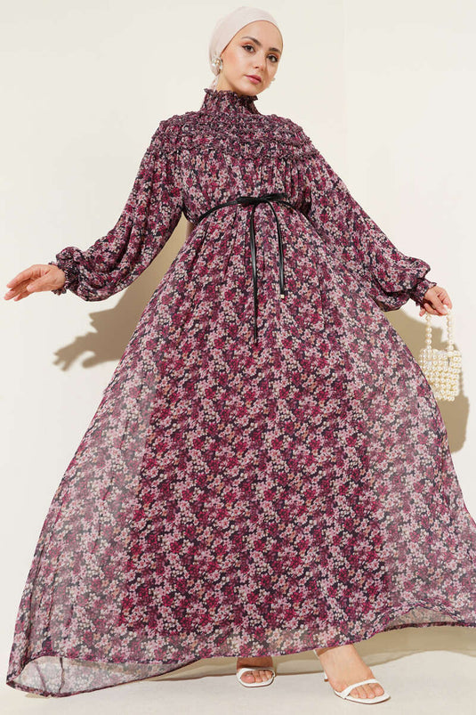 Floral Chiffon Dress with Collar and Dusty Rose