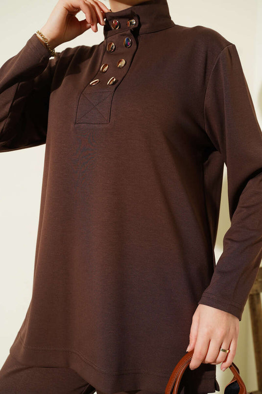 Ensemble deux pièces Loysha marron à col boutonné doré