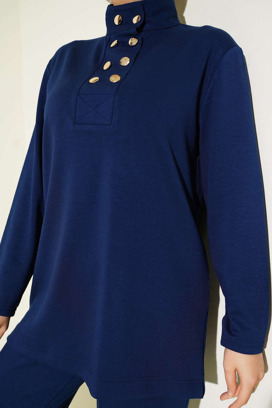 Gold Buttoned Collar Loysha Two Piece Suit Navy Blue