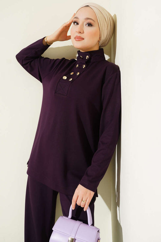 Yaka Gold Düğmeli Loyşa İkili Takım Mor