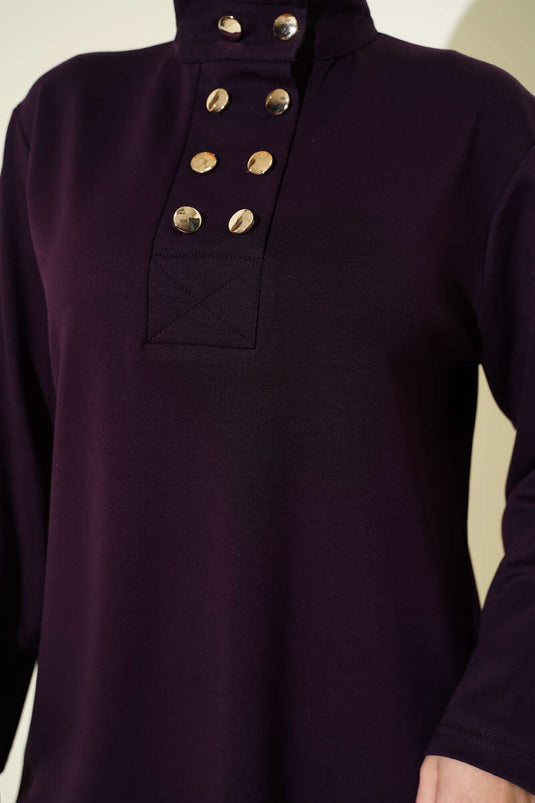 Yaka Gold Düğmeli Loyşa İkili Takım Mor