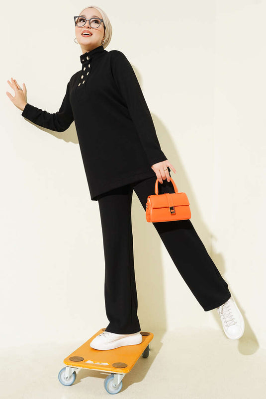 Ensemble deux pièces Loysha noir à col boutonné doré