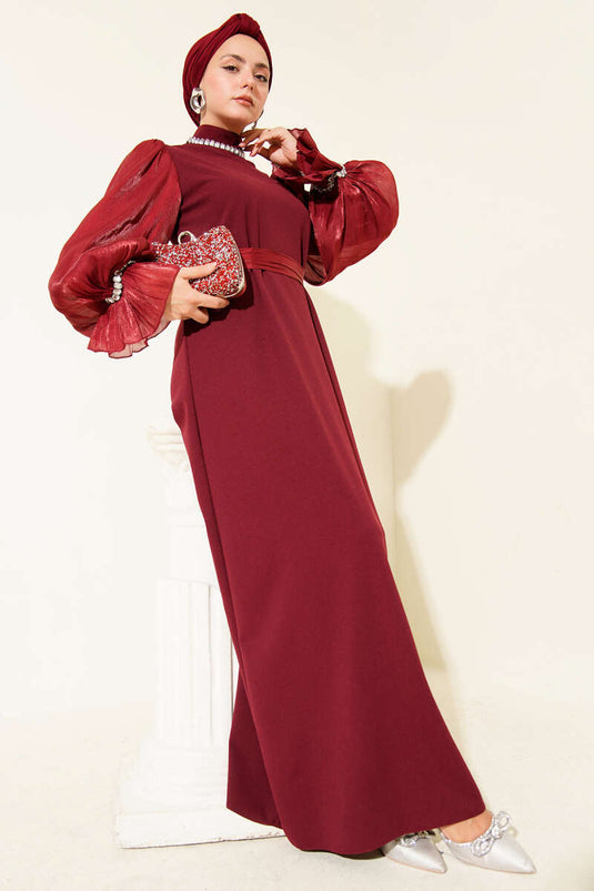Collared Pearl-Detailed Belted Evening Dress Burgundy