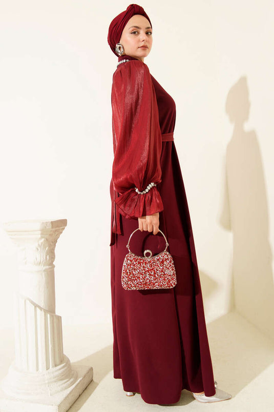 Collared Pearl-Detailed Belted Evening Dress Burgundy