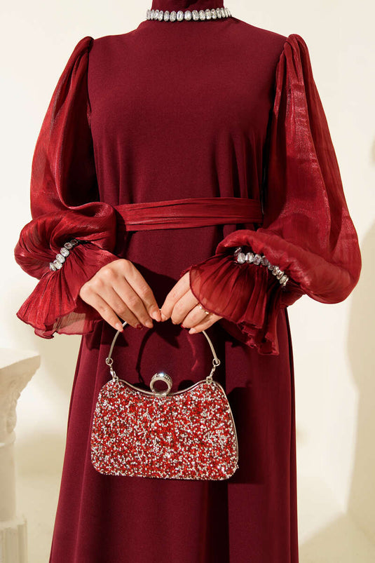 Collared Pearl-Detailed Belted Evening Dress Burgundy