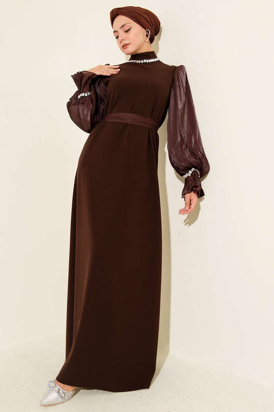 Collar Pearl-detailed Belted Evening Dress Coffee