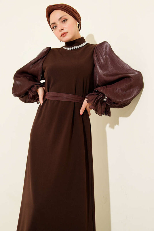 Collar Pearl-detailed Belted Evening Dress Coffee