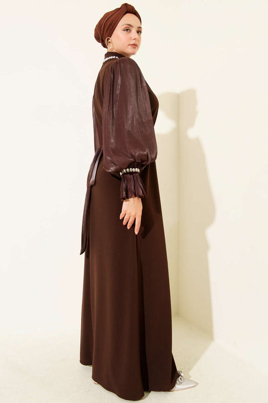 Collar Pearl-detailed Belted Evening Dress Coffee