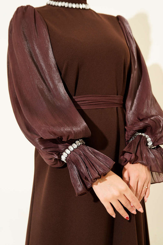 Collar Pearl-detailed Belted Evening Dress Coffee