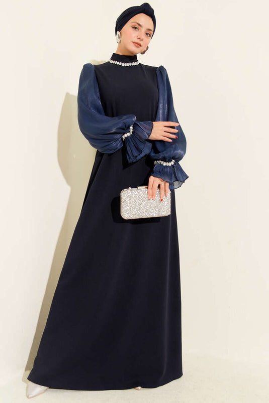 Navy Blue Pearl Detailed Collared Belted Evening Dress