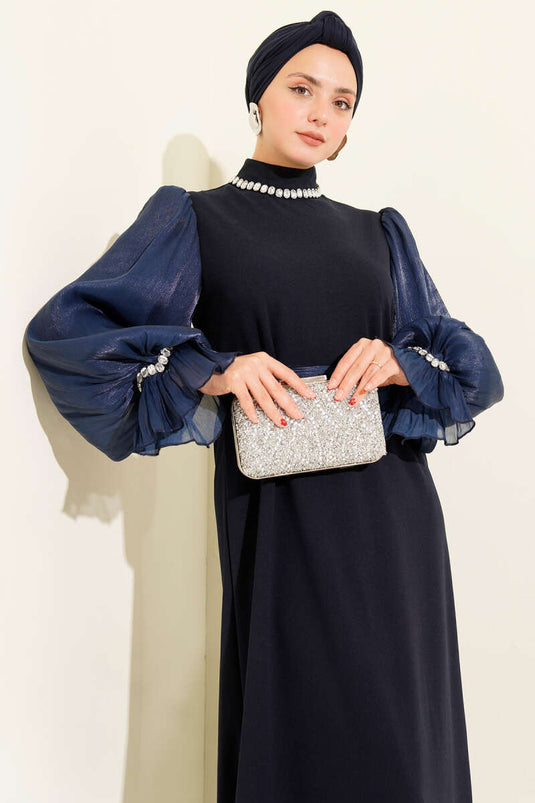 Navy Blue Pearl Detailed Collared Belted Evening Dress