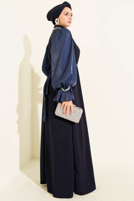 Navy Blue Pearl Detailed Collared Belted Evening Dress