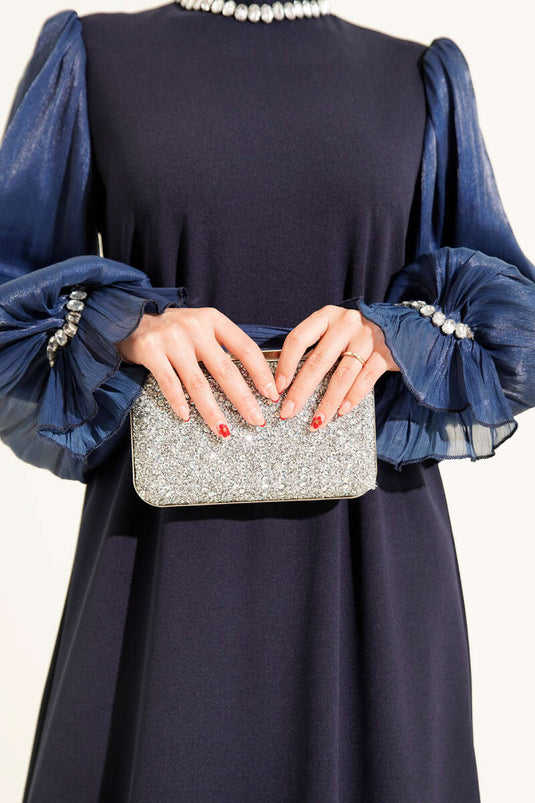 Navy Blue Pearl Detailed Collared Belted Evening Dress